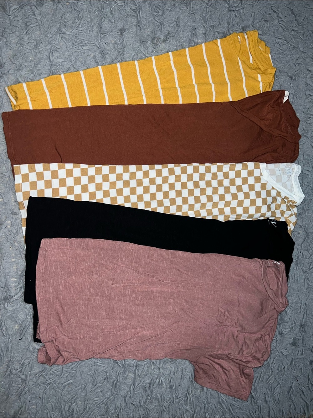 Mixed Tee Bundle in Mustard, Brown, Checker, Black & Mauve